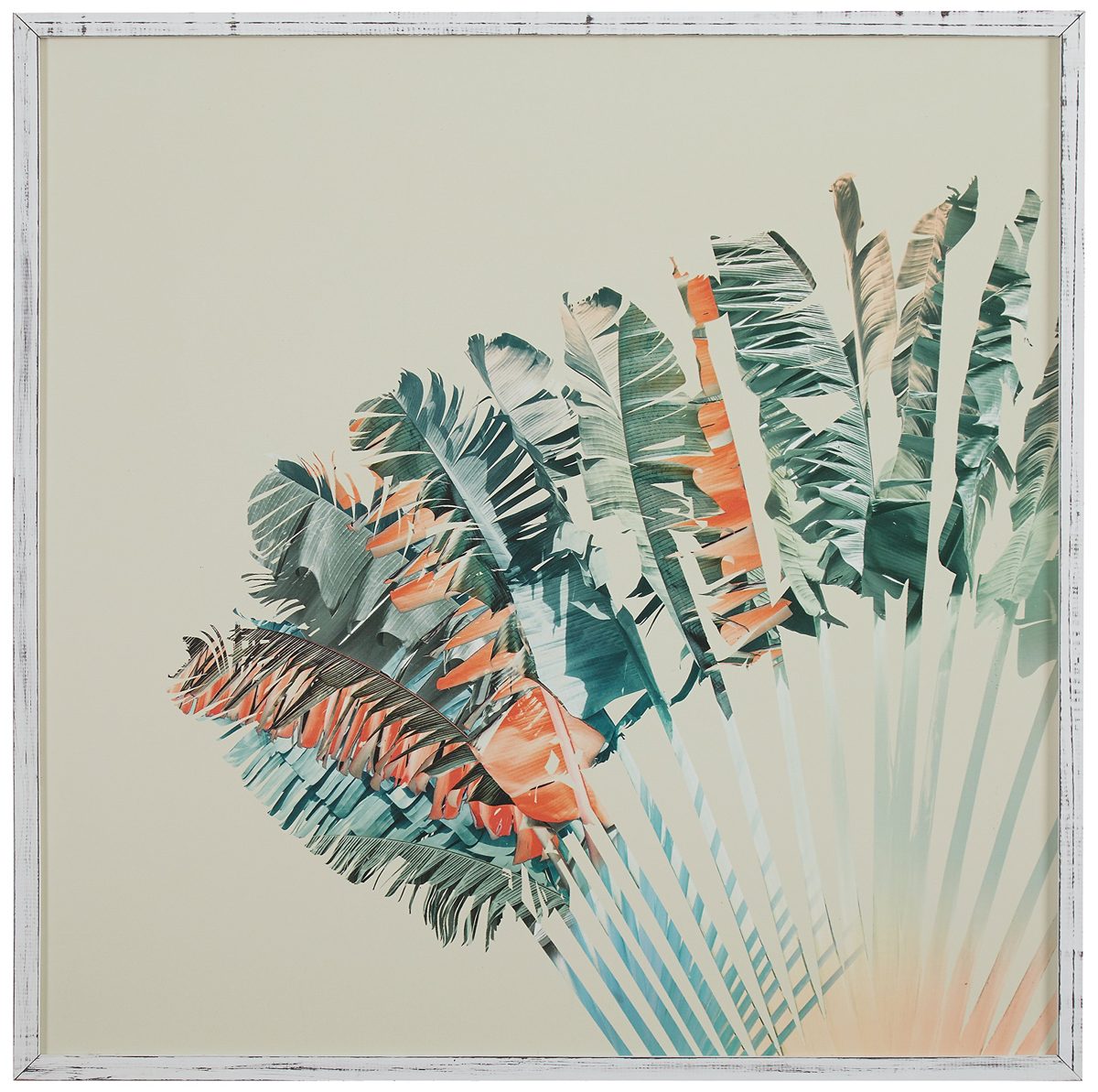 Amazon Brand – Stone & Beam Modern Turquoise and Orange Palm Print in White Frame Wall Art, 12" x 12"