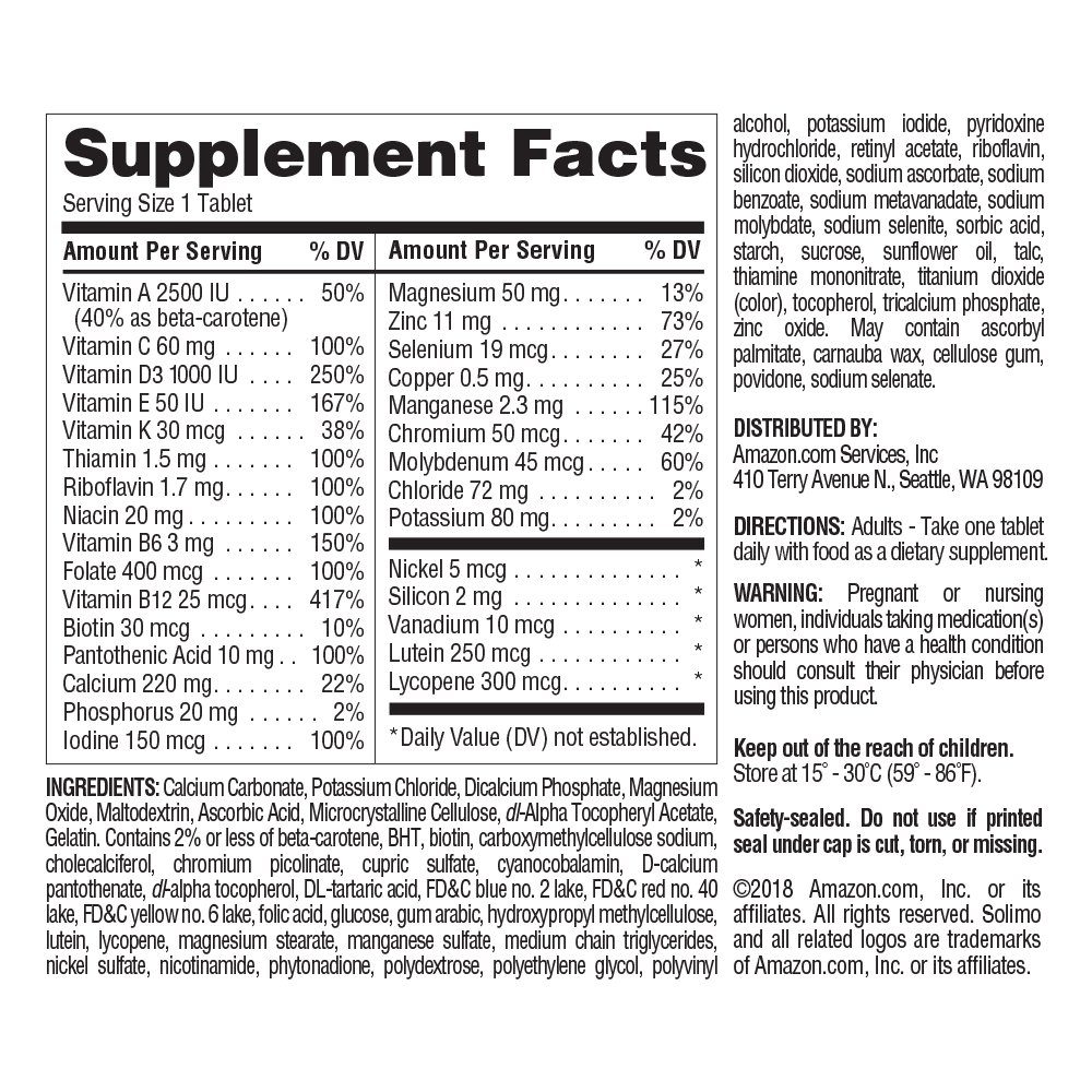 Amazon Brand - Solimo Adult 50+ One Daily Multivitamin Multimineral, 365 Tablets, Value Size - One Year Supply