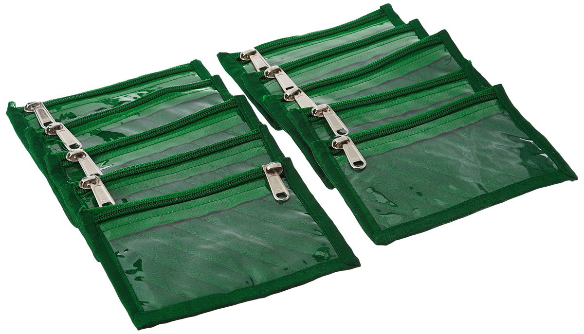 Amazon Brand - Solimo Fabric Jewellery Box with 10 Transparent Pouches, Green