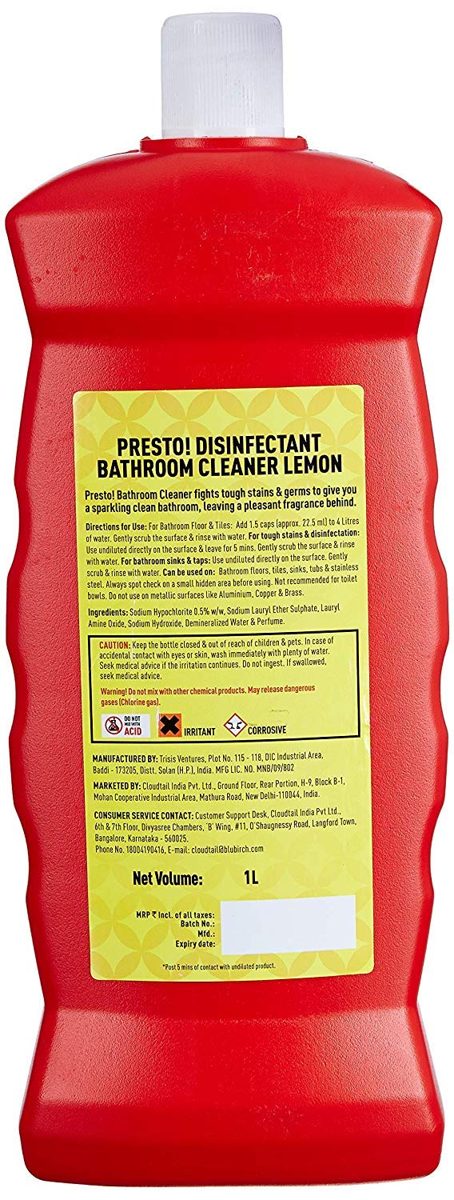 Amazon Brand - Presto! Disinfectant Bathroom Cleaner - Lemon 1 L (Pack of 2)