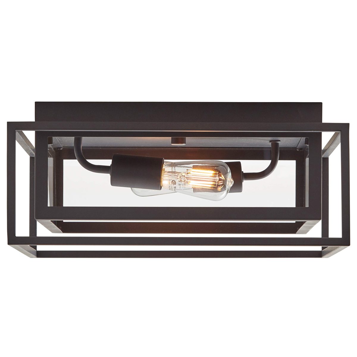 Amazon Brand – Stone & Beam Industrial Rectangle Cage Flush Mount Exterior Ceiling Fixture With 2 Light Bulbs - 15.25 x 15.25 x 6.5 Inches, Oil-Rubbed Bronze