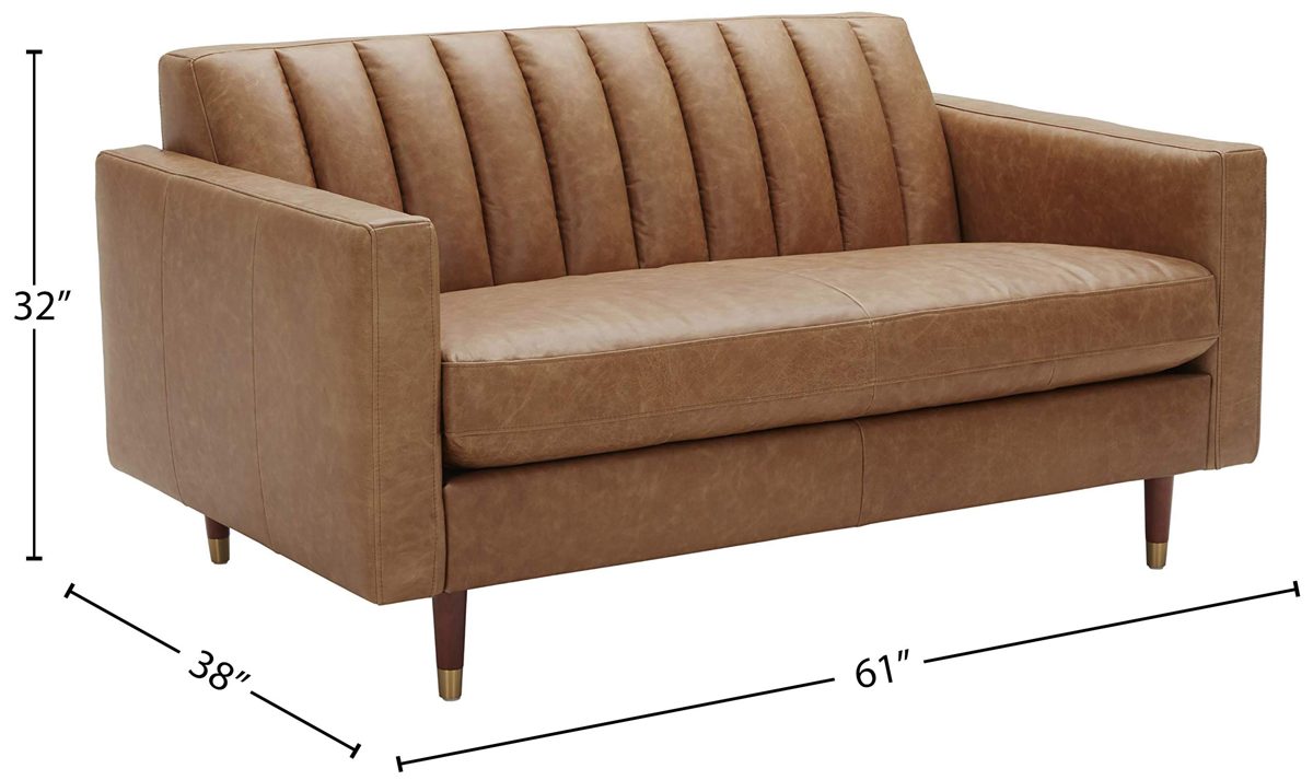 Amazon Brand – Rivet Damien Mid-Century Modern Channel-Backed Loveseat, 61"W, Leather, Cognac