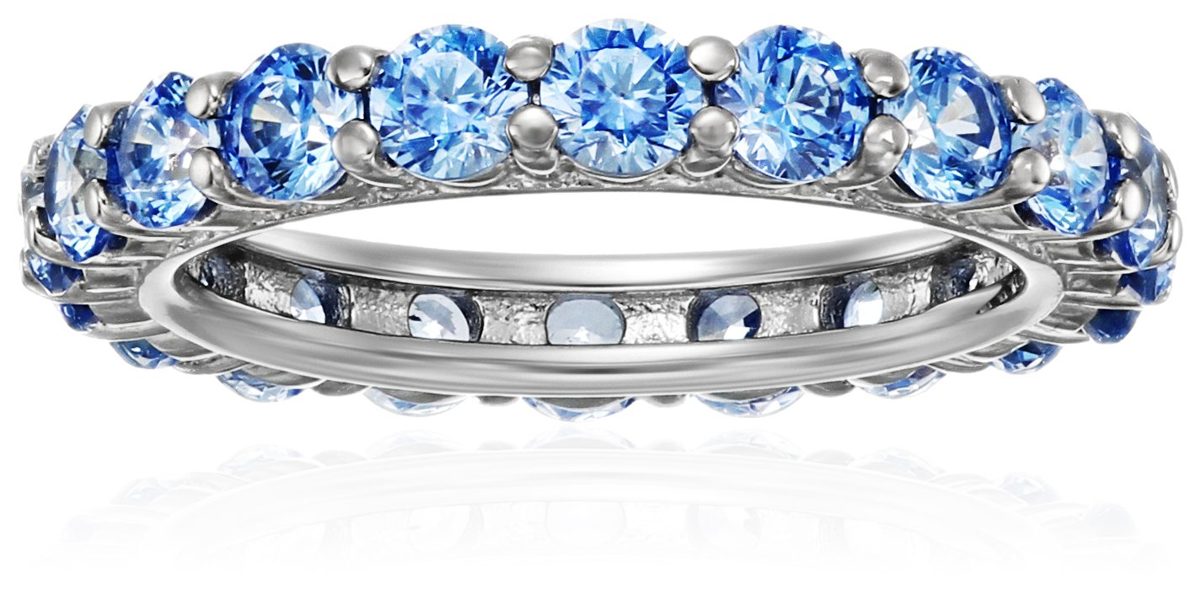 Platinum-Plated Sterling Silver Fancy Blue All-Around Band Ring made with Swarovski Zirconia, Size 6