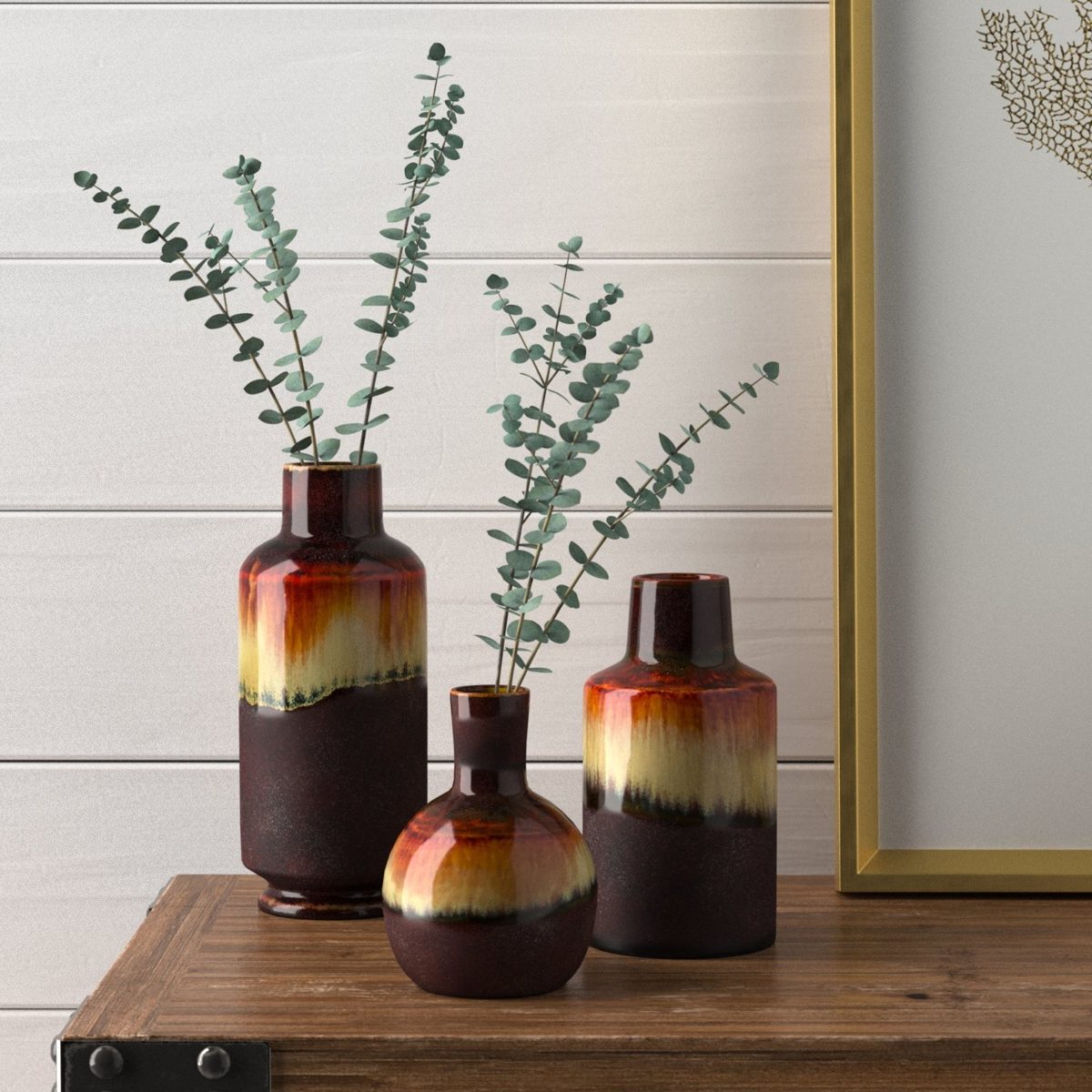 Amazon Brand – Stone & Beam Modern Ombre Stoneware Home Decor Flower Vase - 6 Inch, Dark Brown Red White
