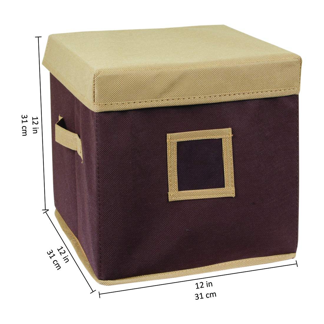 Amazon Brand - Solimo Fabric Storage Box with Lid, Medium, Beige and Brown