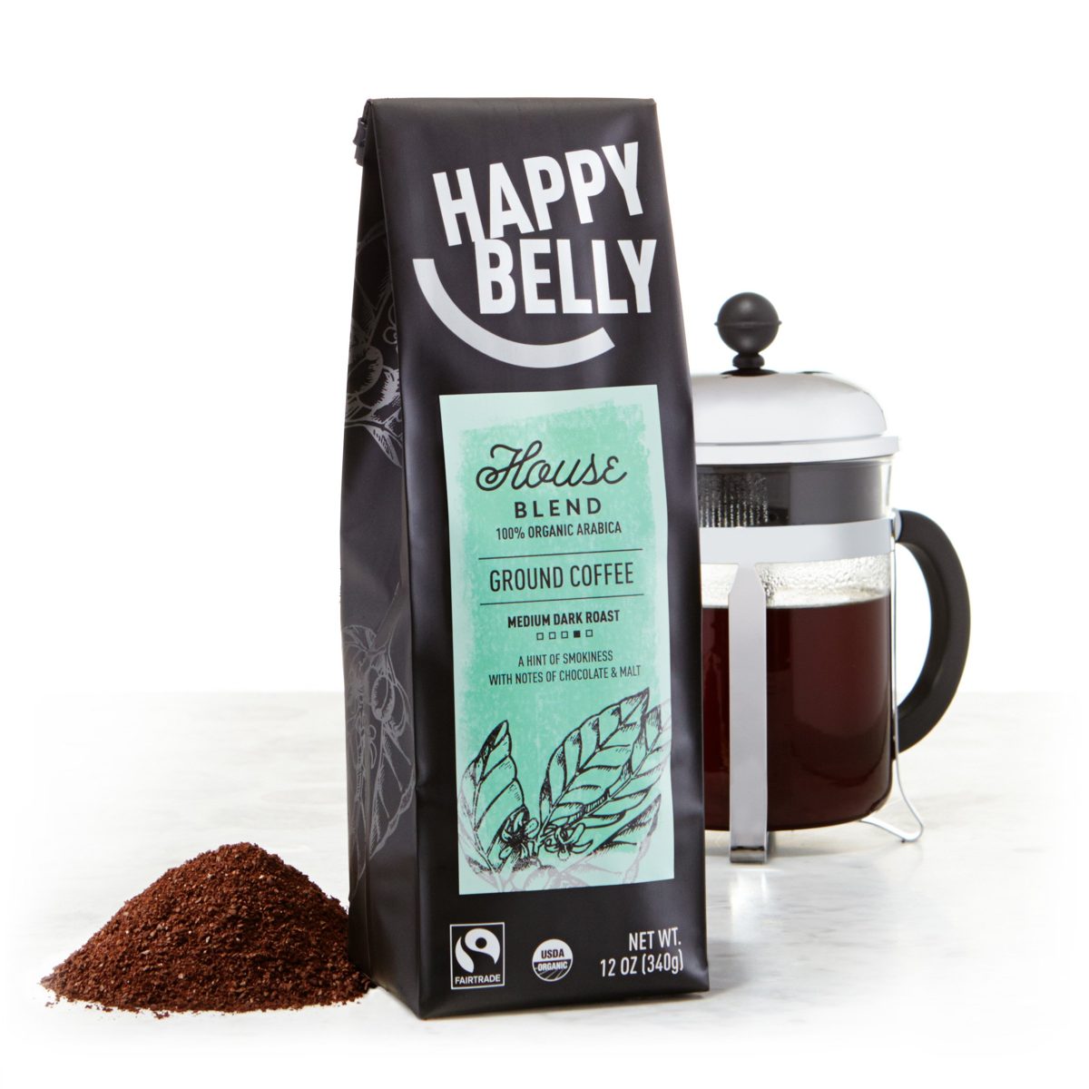 Amazon Brand - Happy Belly House Blend Organic Fairtrade Coffee, Medium Dark Roast, Ground, 12 ounce