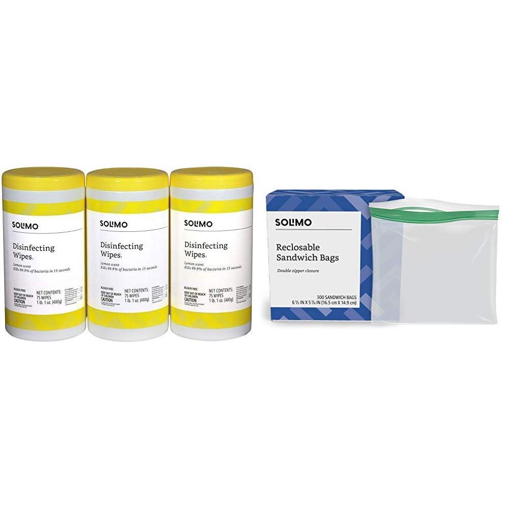 Amazon Brand - Solimo Disinfecting Wipes, Lemon Scent, 75 Wipes Each (Pack of 3) & Solimo Sandwich Storage Bags, 300 Count