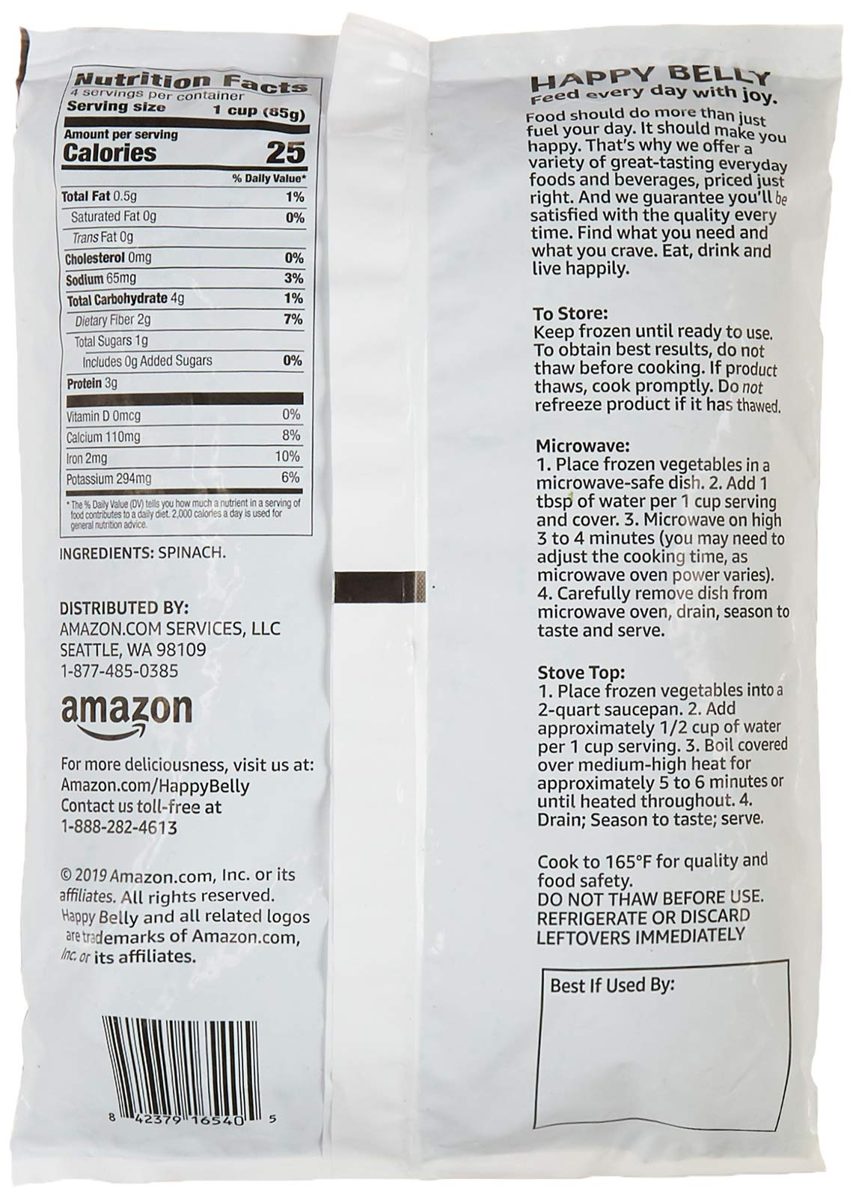 Amazon Brand - Happy Belly Spinach, Chopped, 12 Ounce (Frozen)