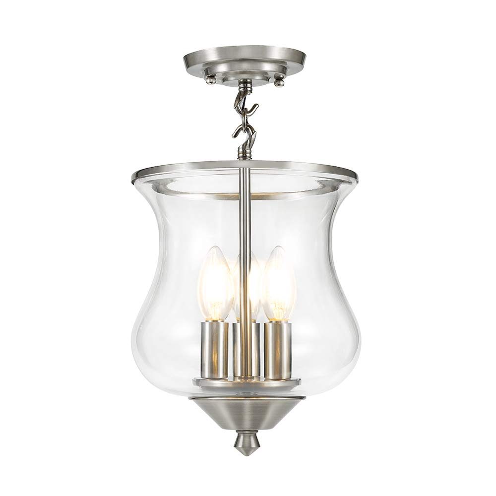 Amazon Brand – Ravenna Home Clear Glass Semi-Flush Mount Pendant Ceiling Light Fixture with LED Bulb - 8.5 x 8.5 x 14.75 Inches, Brushed Nickel