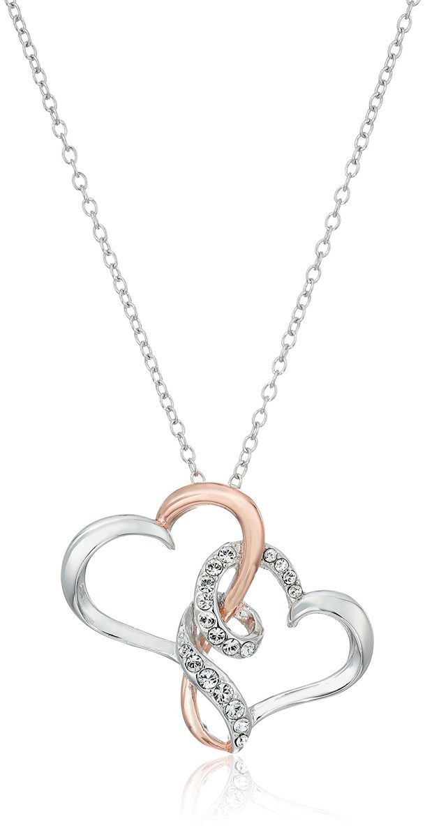 Sterling Silver Two Tone Double Heart Pendant Necklace Made with Swarovski Crystal (18")