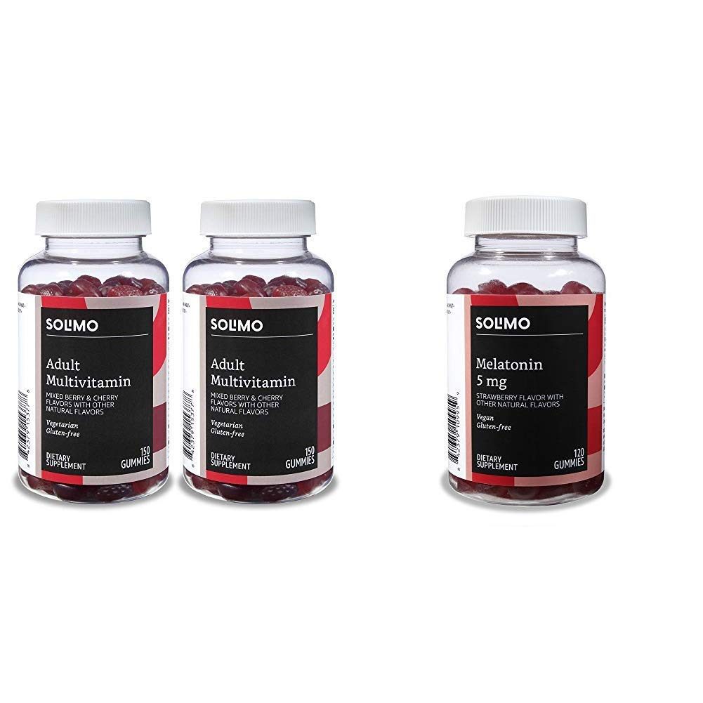 Amazon Brand - Solimo Adult Multivitamin, 300 Gummies, 75-Day Supply (Pack of 2) & Solimo Melatonin 5mg, 120 Gummies (2 Gummies per Serving)
