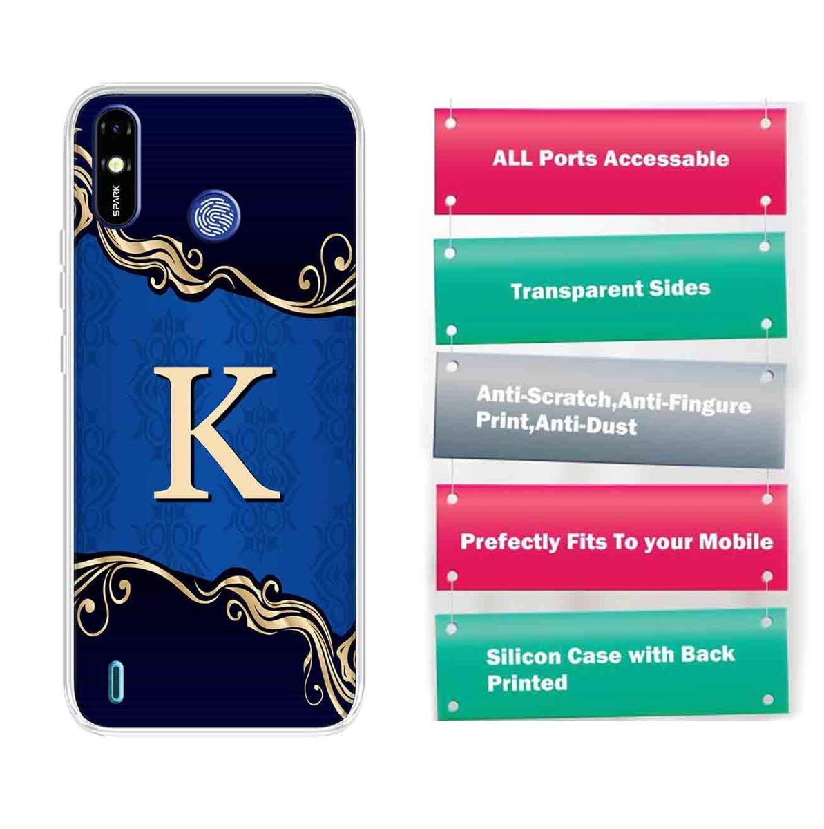 Amazon Brand - Solimo Designer Multicolor Blue Pattern Alphabet-K Printed Soft Back Case Mobile Cover for Tecno Spark Go Plus