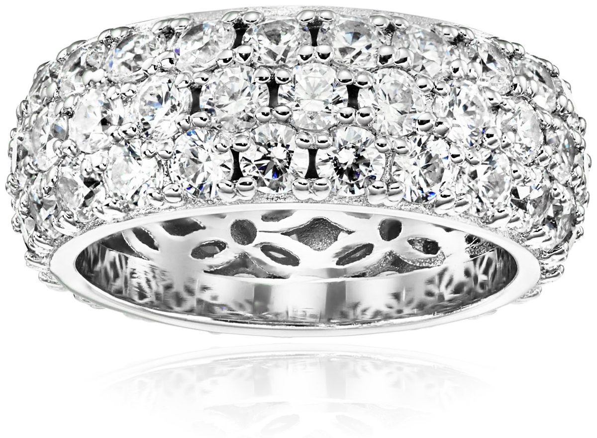 Platinum-Plated Sterling Silver 3 Row Pave Ring set with Round Swarovski Zirconia (3.45 cttw), Size 6
