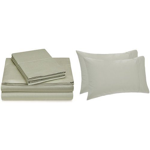 Pinzon Hemstitch 400TC Egyptian Cotton Sateen Sheet Set, King, with Set of 2 King Pillowcases, Sage