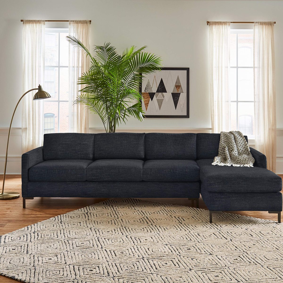 Amazon Brand – Rivet Edgewest Low Back Modern Right Chaise Sofa Sectional, 115"W, Eclipse Blue