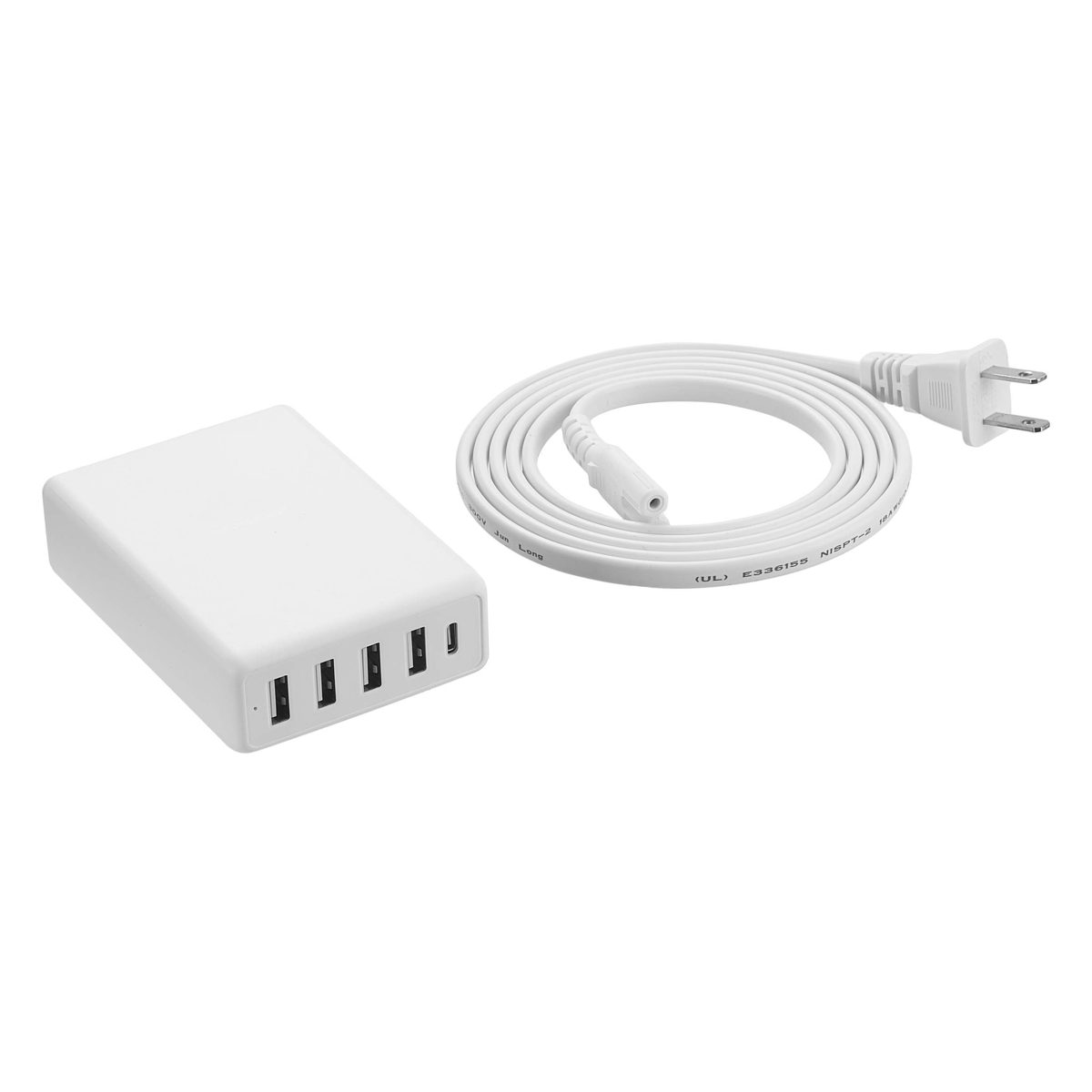 AmazonBasics 5-Port Wall Charger (60W) with 4 USB-A Ports and 1 USB-C Port with 30W Power Delivery - White