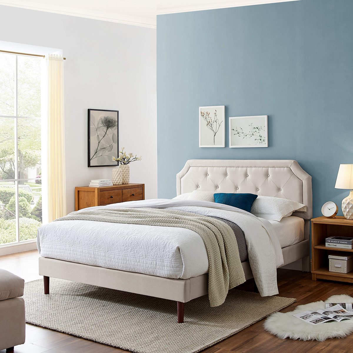 Upholstered Curve with Button Tufted Platform Bed/Mattress Foundation /  Strong Wood Slat Support /Easy Assembly/Beige,King