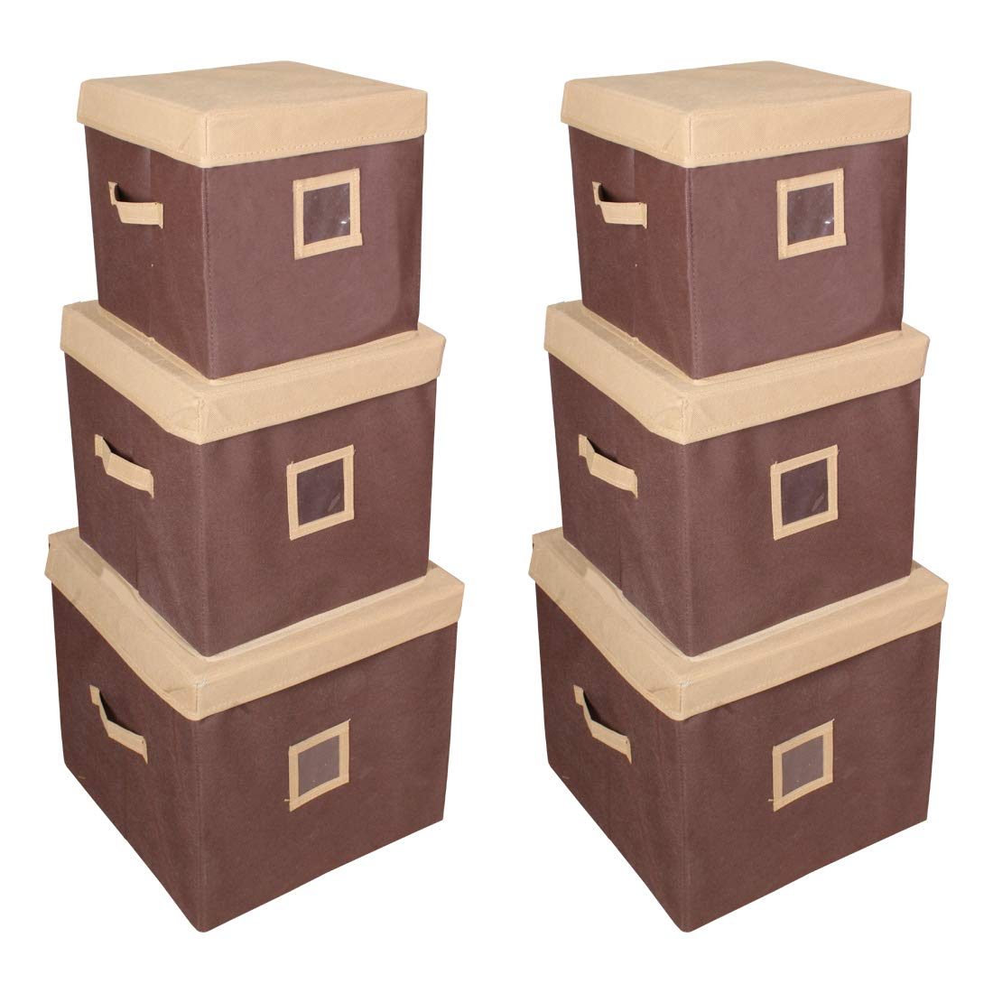 Amazon Brand - Solimo Fabric Storage Box with Lid Set, 6 Piece, Beige and Brown