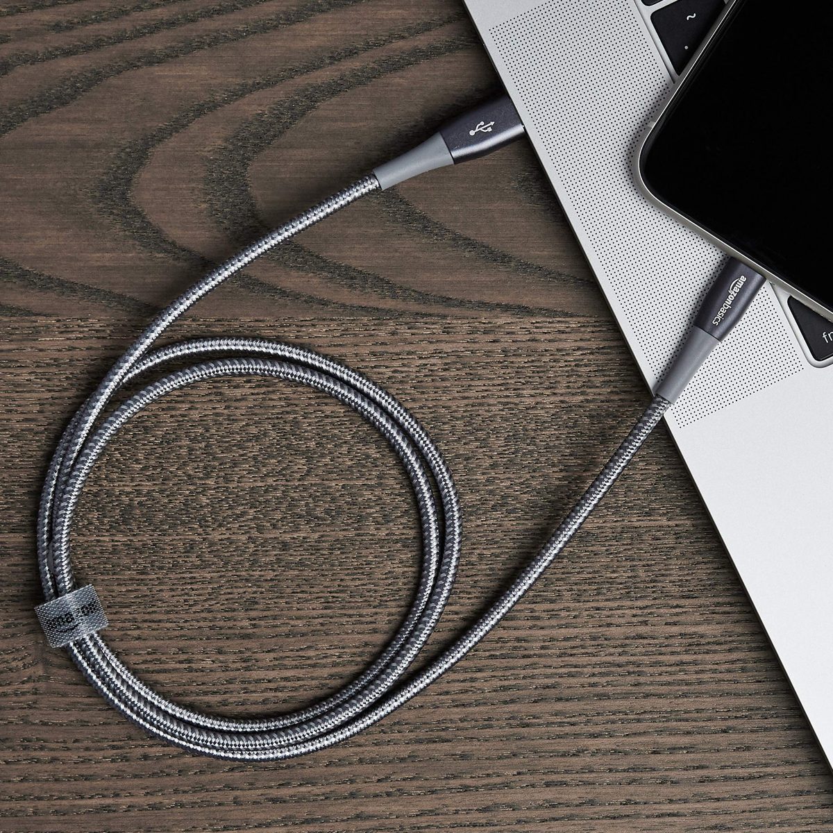 AmazonBasics Premium Double Braided Nylon USB-C to Lightning Cable, MFi Certified iPhone Charger - Dark Grey, 1-Foot