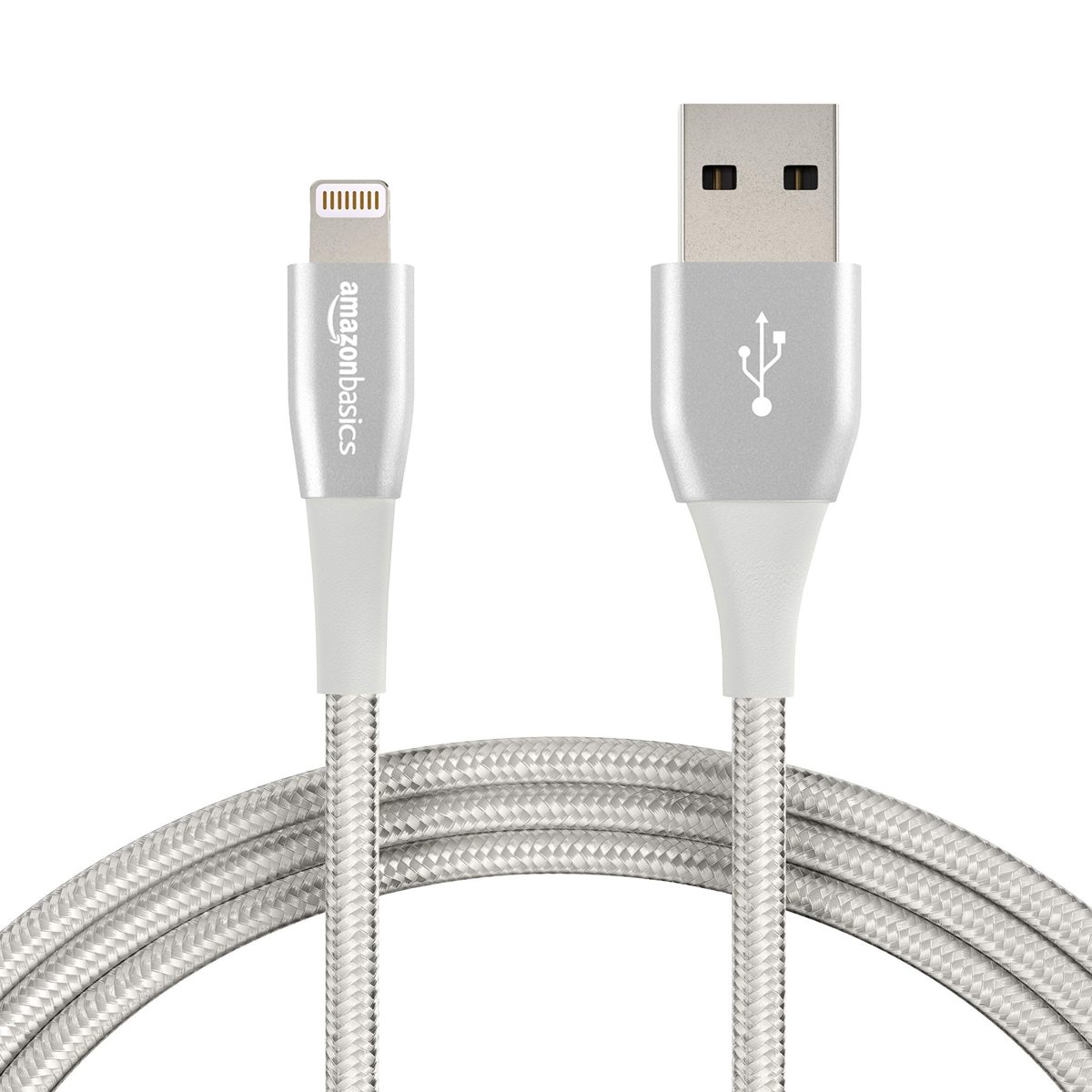 (Renewed) AmazonBasics Double Nylon Braided Apple Certified Lightning to USB Charge and Sync Cable, Premium Collection, 6 Feet (1.8 Meters) - Silver
