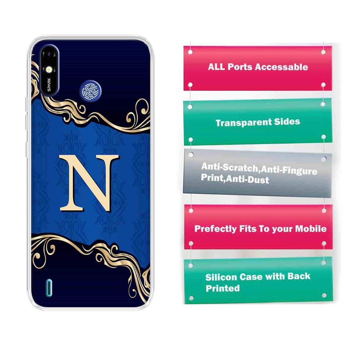 Amazon Brand - Solimo Designer Multicolor Blue Pattern Alphabet-N Printed Soft Back Case Mobile Cover for Tecno Spark Go Plus