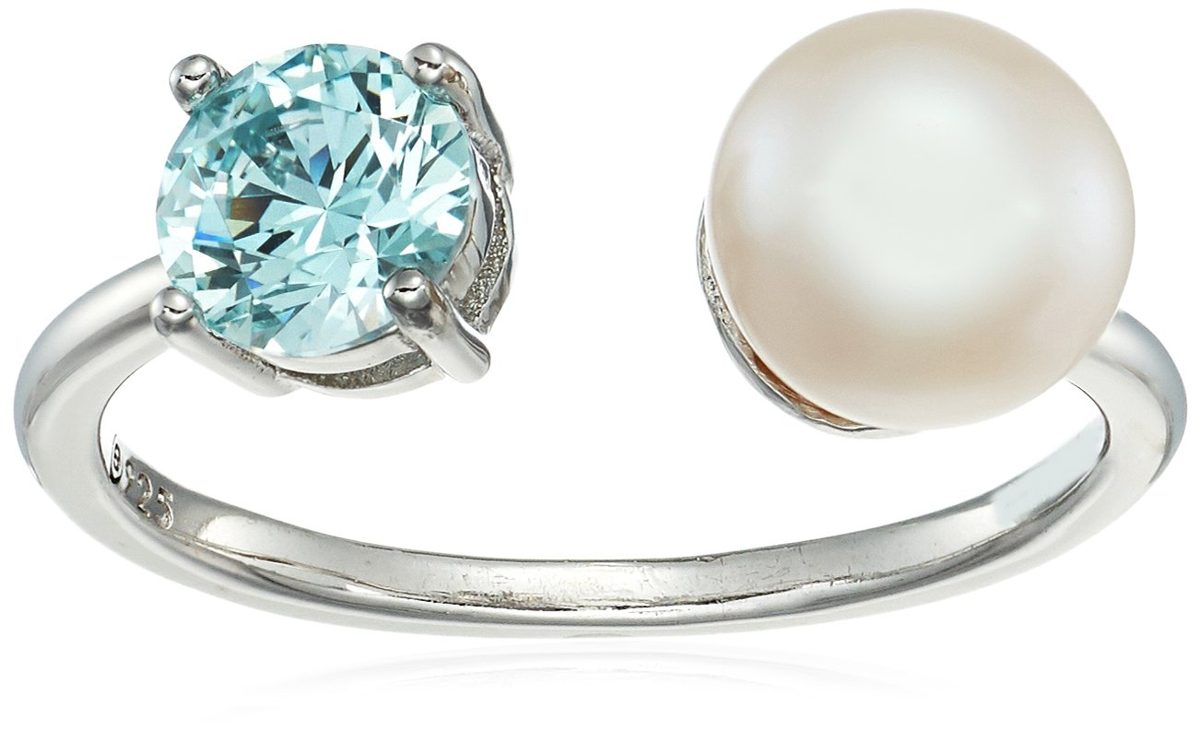 Platinum-Plated Sterling Silver Freshwater Pearl Open with Frosty Mint Swarovski Zirconia Accents Ring, Size 6