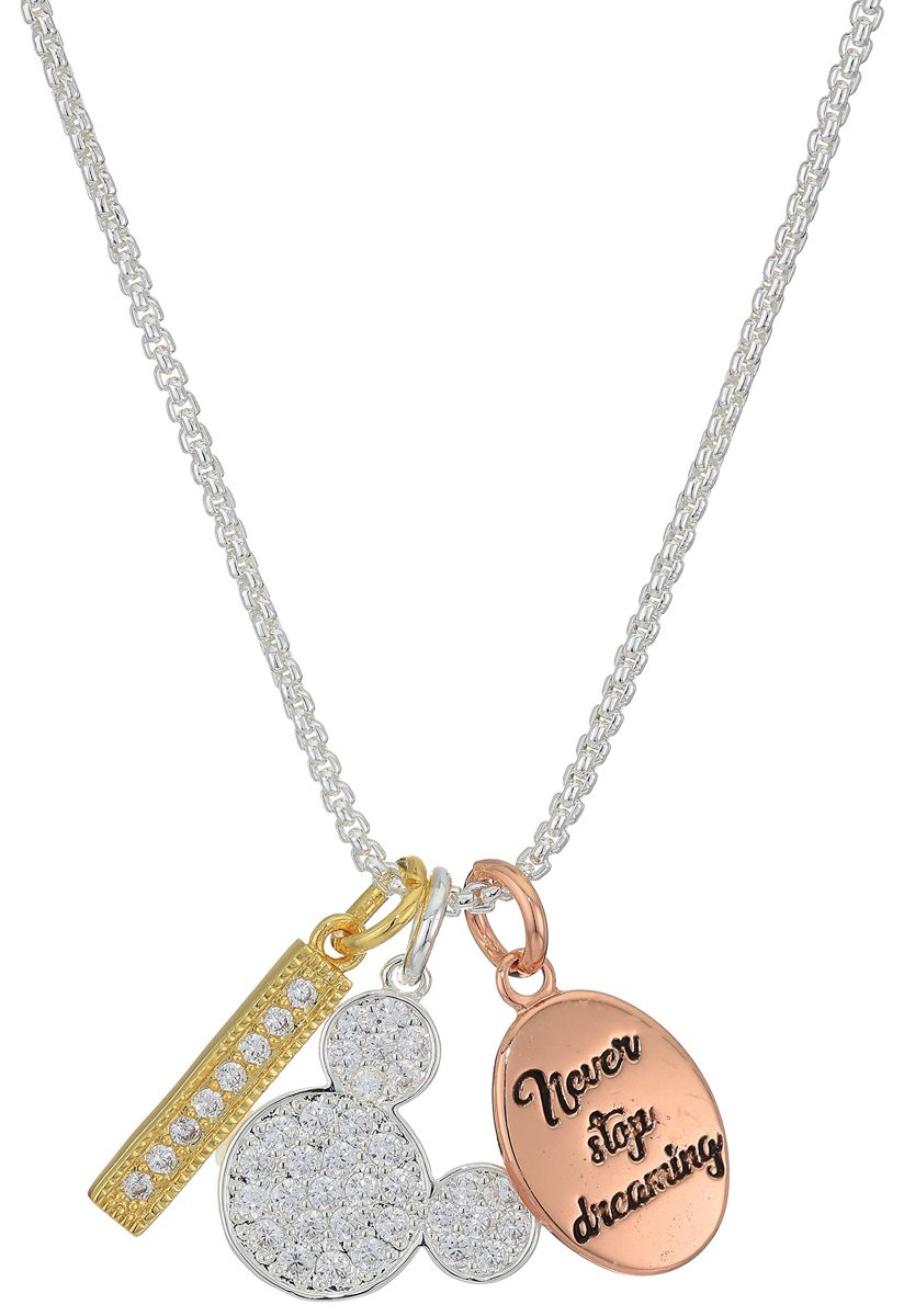 Disney Women's Silver Plated "Never Stop Dreaming" Crystal Mickey Mouse Charm Necklace 16" With 2" Extender, Tri-Tone, 1