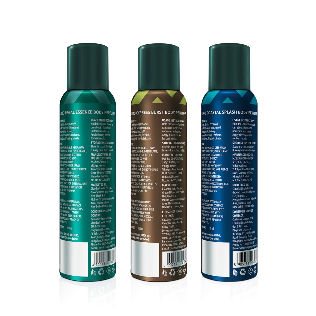 Amazon Brand - Solimo No Gas Deodorant - Pack of 3 (Regal Essence, Cypress Burst, Coastal Splash)
