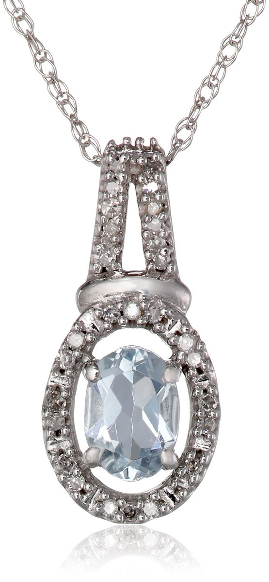 10K White Gold Aquamarine Oval with Diamond Pendant Necklace, 18"