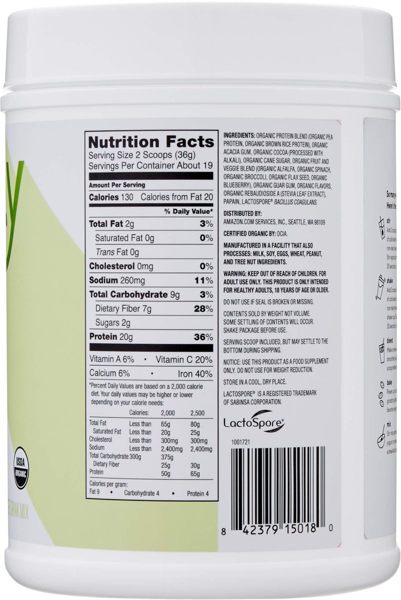 Amazon Brand - Revly Organic Plant-based Protein Powder, Chocolate, 1.5 Pound (19 Servings)