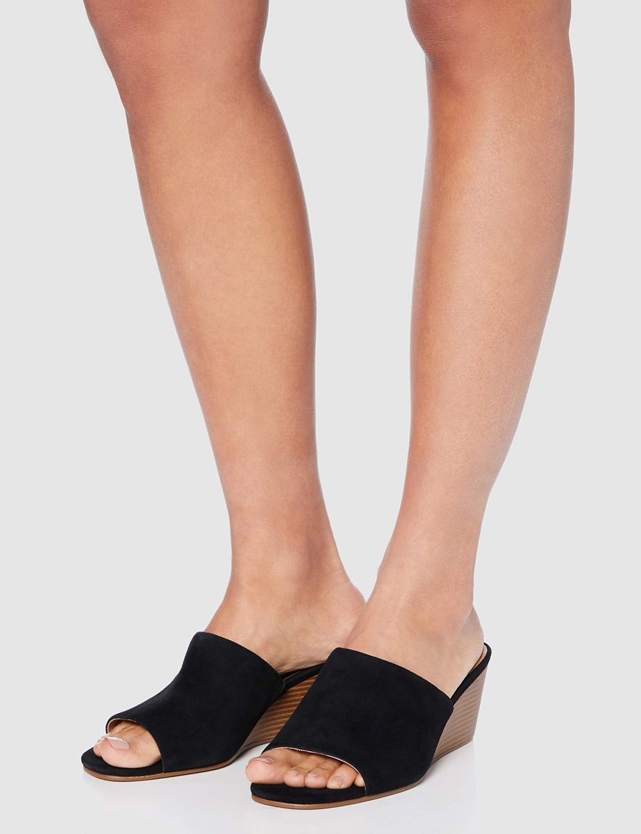 find. Women's Mule Wedge Leather Open Toe Heels, Black (Black), 4 UK