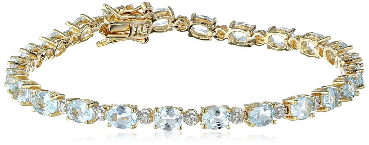 18k Yellow Gold Plated Sterling Silver Genuine Sky Blue Topaz and Diamond Accent Tennis Bracelet, 7.25"