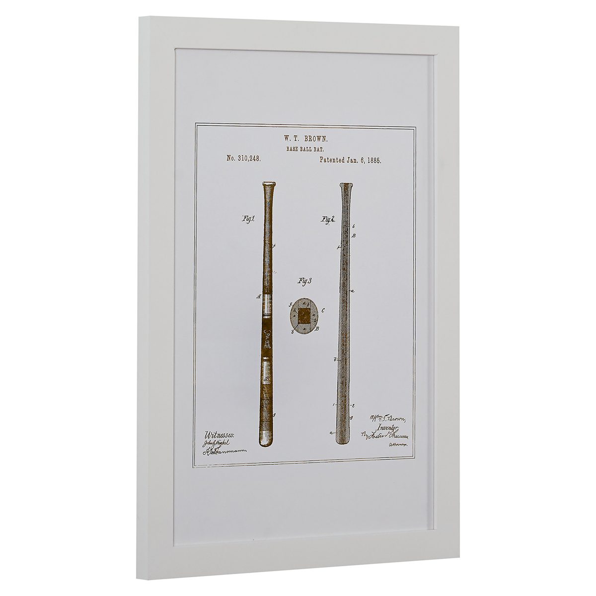 Amazon Brand – Stone & Beam Modern Gold Print of 1885 Baseball Bat Patent, White Frame, 15" x 21"