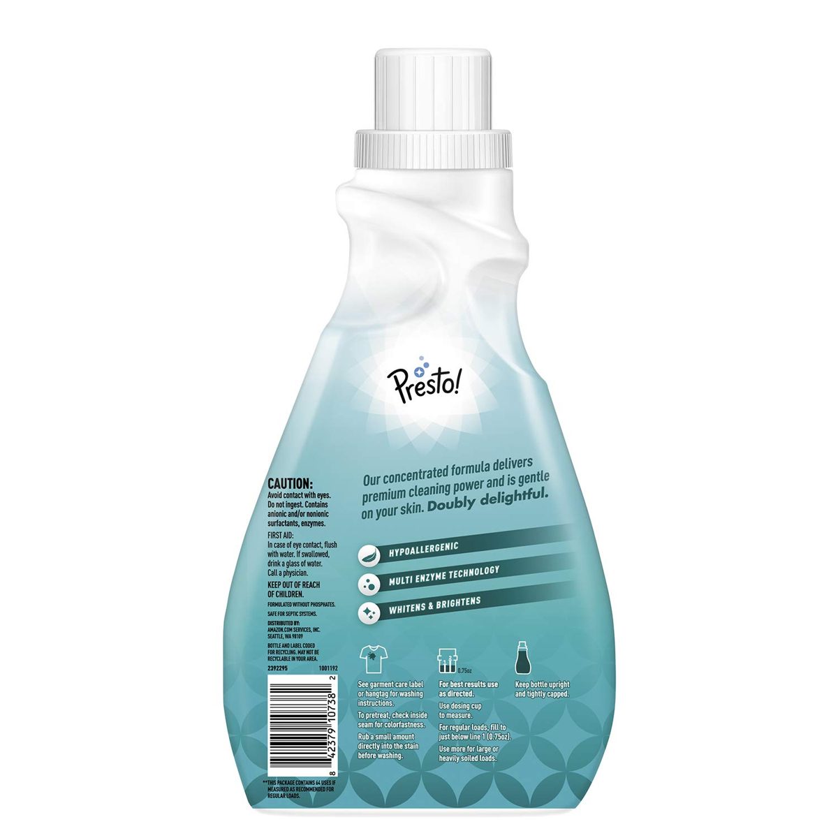 Amazon Brand - Presto! Concentrated Liquid Laundry Detergent, Free & Clear, Hypoallergenic, Free of Perfumes Clear of Dyes, 64 Loads, 48 Fl Oz