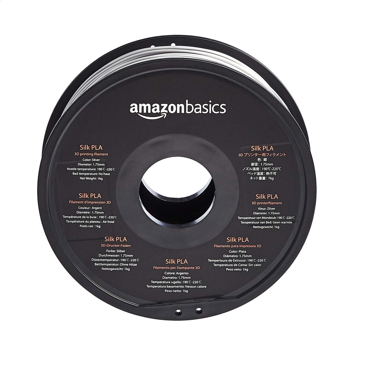 AmazonBasics Silk PLA 3D Printer Filament, 1.75mm, Silver, 1 kg Spool (2.2 lbs)