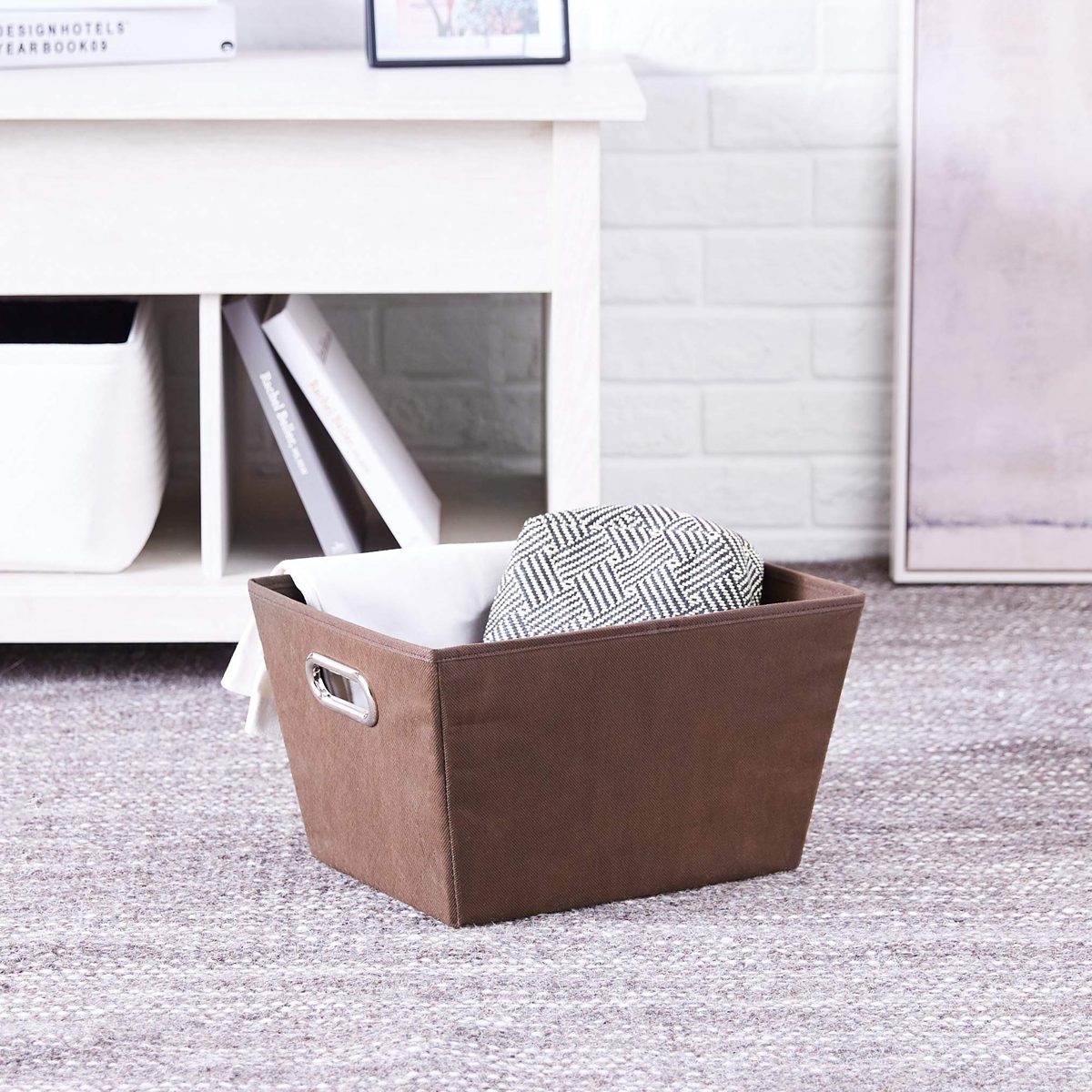 AmazonBasics Nested Fabric Storage Bins with Oval Grommets - Pack of 3, Taupe