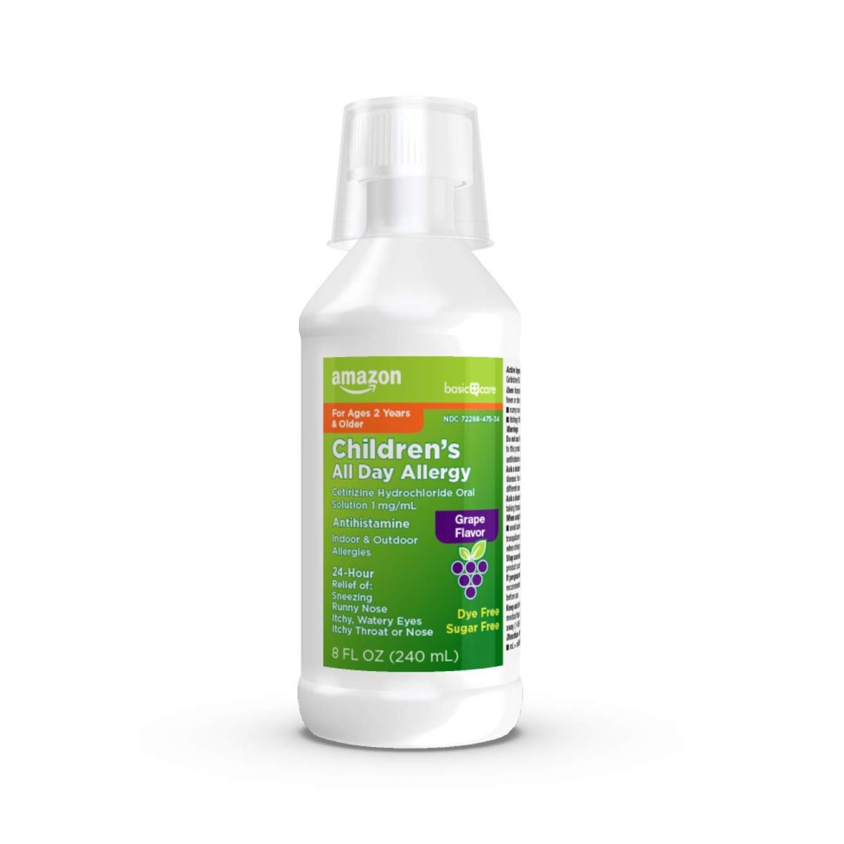 Amazon Basic Care Children’s All Day Allergy, Cetirizine Hydrochloride Oral Solution 1 mg/mL, Grape Flavor, 8 Fluid Ounces