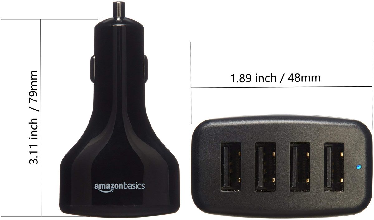 AmazonBasics 4-Port USB Car Charger for Apple & Android Devices, 9.6A/48W, Black (Renewed)