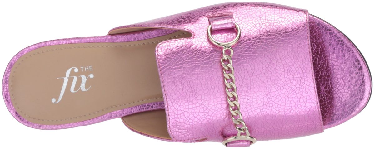 The Fix Amazon Brand Women's Nikole Open Toe Slide with Chain Detail Flat Sandal, Bubble Gum Pink/Metallic Crackle Leather, 6.5 B US