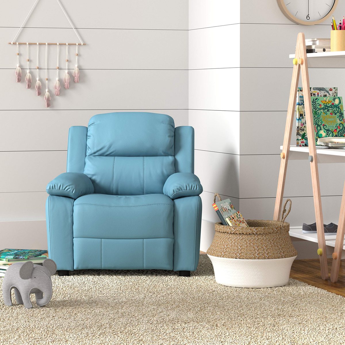 AmazonBasics LeatherSoft Kids/Youth Recliner with Armrest Storage, 5+ Age Group, Light Blue