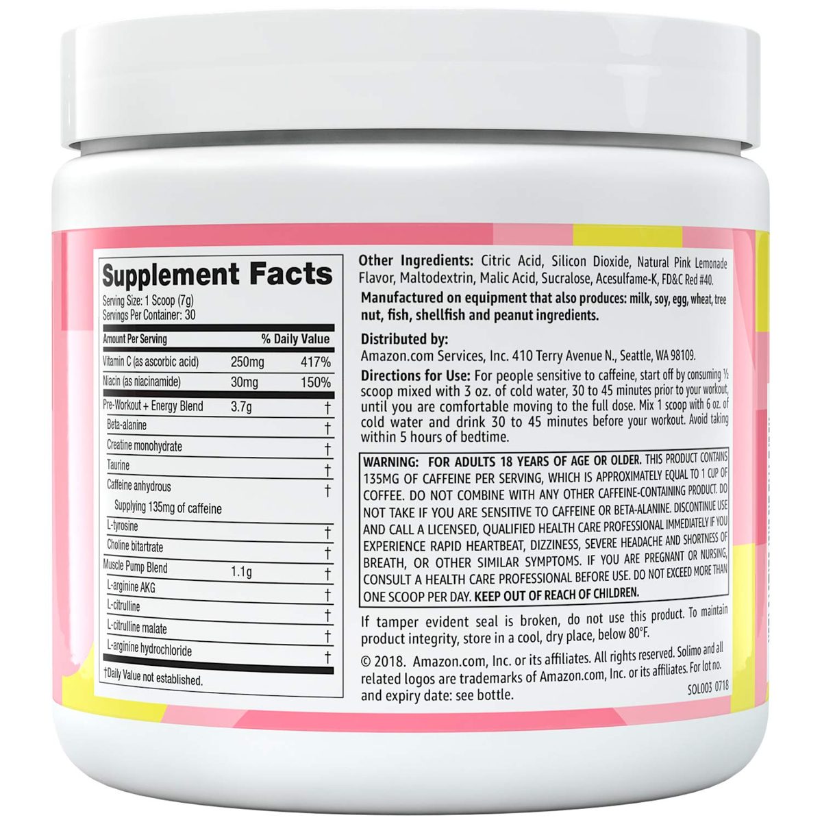 Amazon Brand - Solimo Pre Workout Powder, Pink Lemonade, 7.41 Ounce (30 Servings