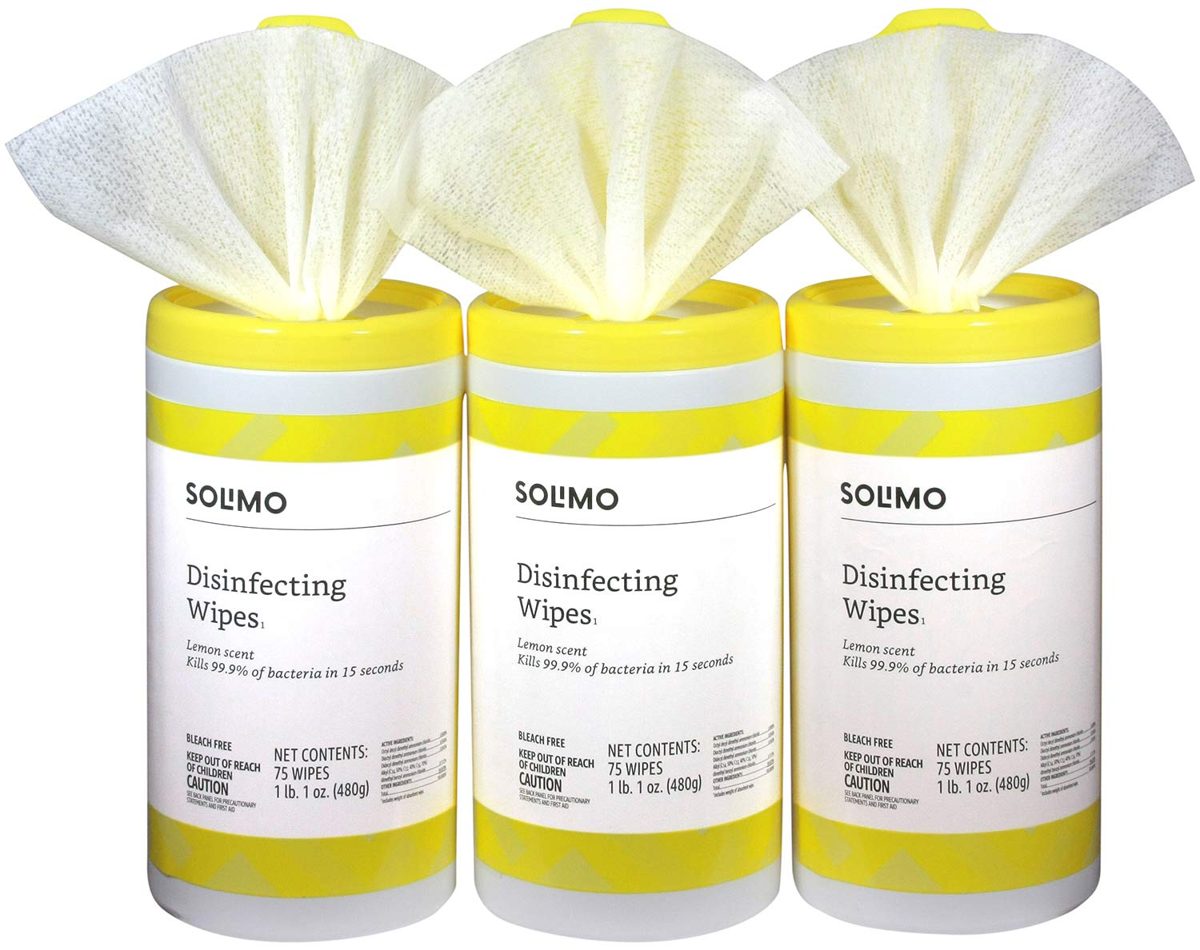 Amazon Brand - Solimo Disinfecting Wipes, Lemon Scent, 75 Wipes Each (Pack of 3) & Solimo Sandwich Storage Bags, 300 Count