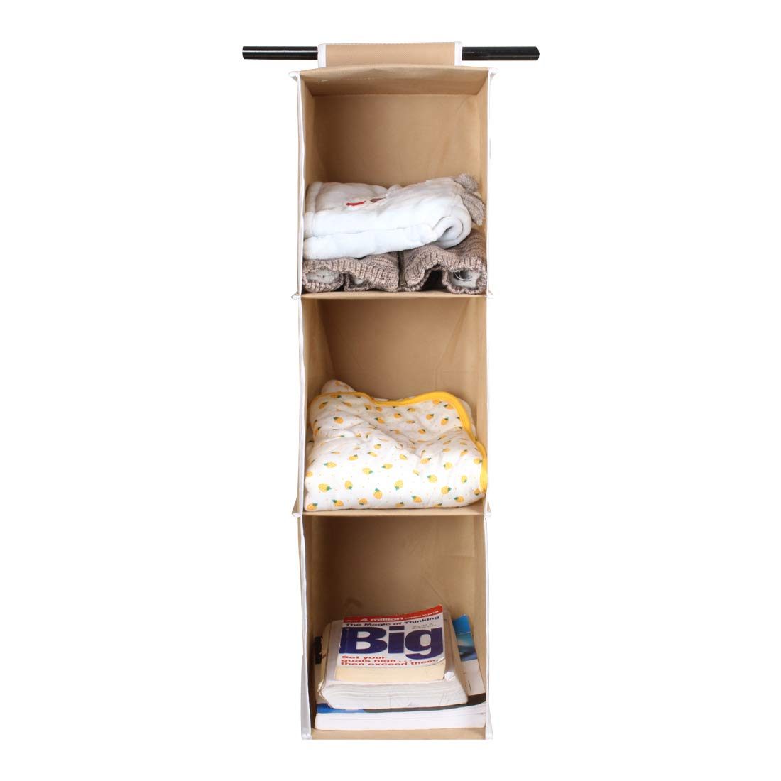 Amazon Brand - Solimo Fabric Hanging Closet Organiser, 3 Shelves, Biege