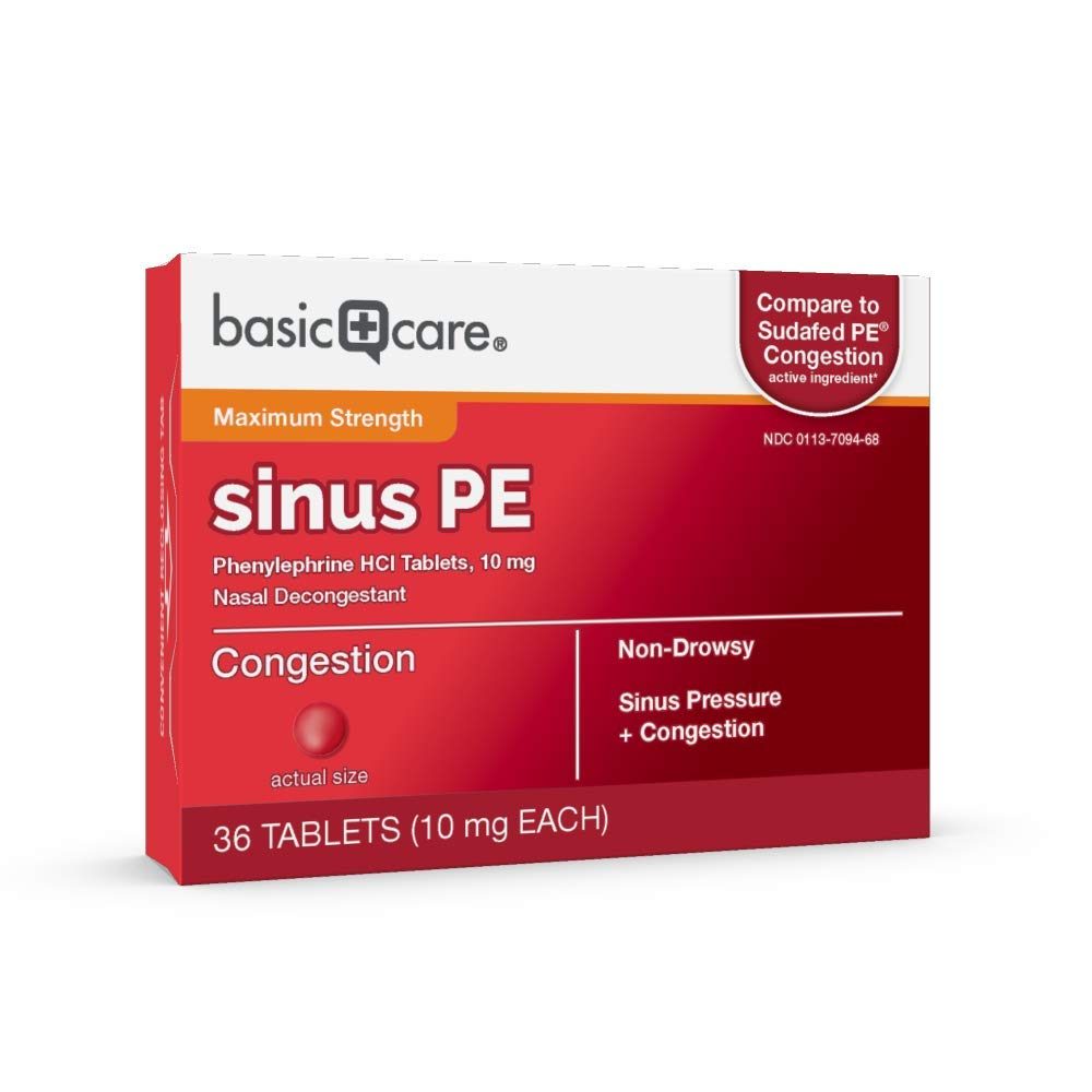 Amazon Basic Care Maximum Strength Nasal Decongestant PE, Phenylephrine HCl, 10 mg tablets. Nasal and Sinus Congestion, Sinus Pressure, 36 Count