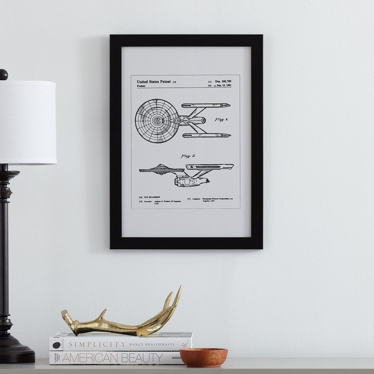Amazon Brand – Stone & Beam Modern Silver Print of Toy Starship Patent in Black Wood Frame, 15" x 21"