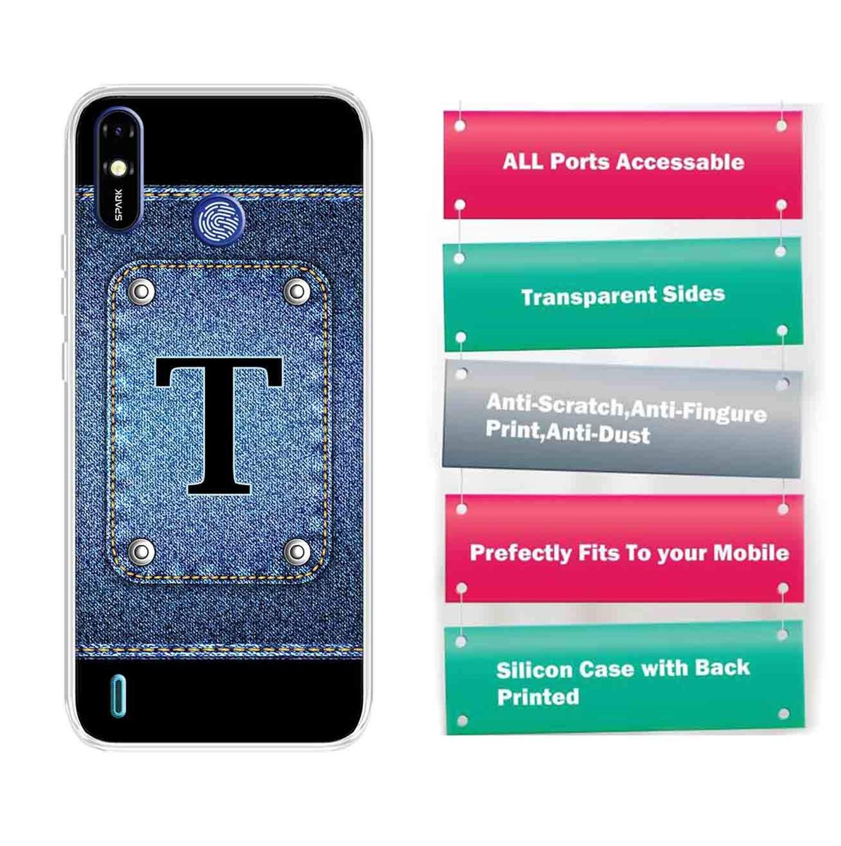 Amazon Brand - Solimo Designer Multicolor Button Jeans Alphabet-T Printed Soft Back Case Mobile Cover for Tecno Spark Go Plus