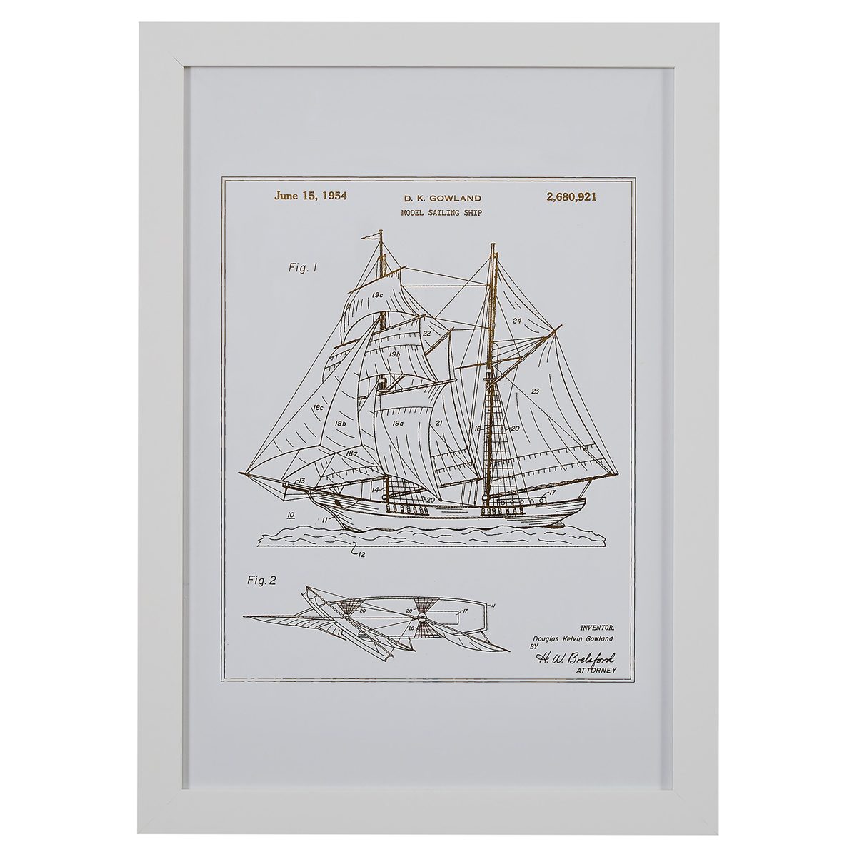 Amazon Brand – Stone & Beam Modern Gold Ink Reprint of Sailing Ship Patent, White Frame, 15" x 21"