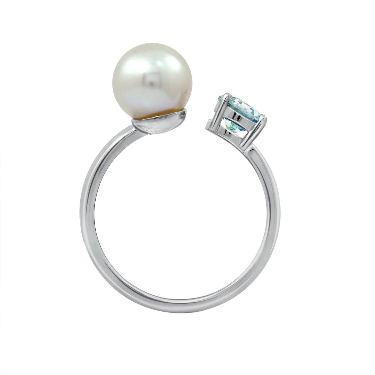 Platinum-Plated Sterling Silver Freshwater Pearl Open with Frosty Mint Swarovski Zirconia Accents Ring, Size 6