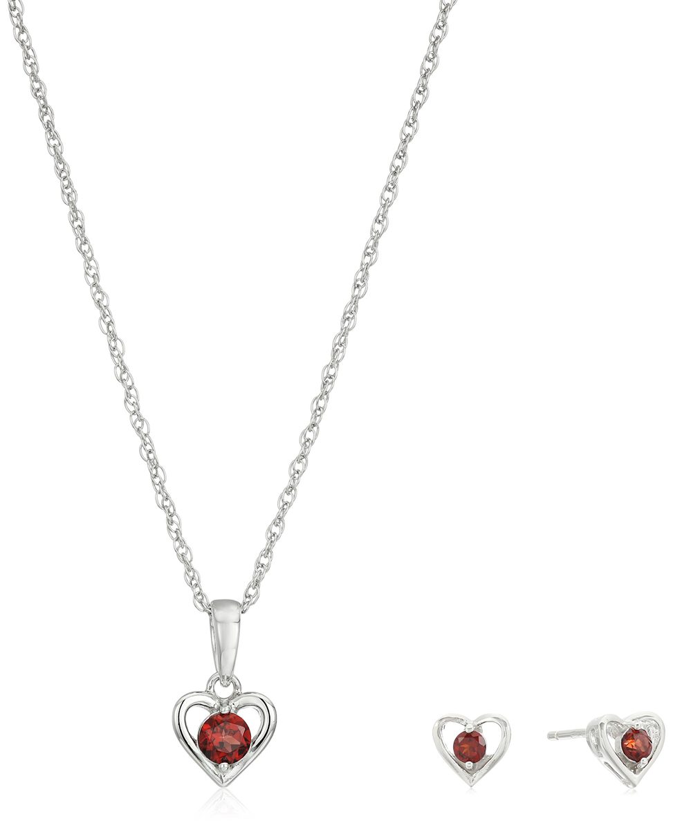 Girls' Petite Sterling Silver Garnet Open Heart Stud Earrings and 16" Pendant Necklace Jewelry Set