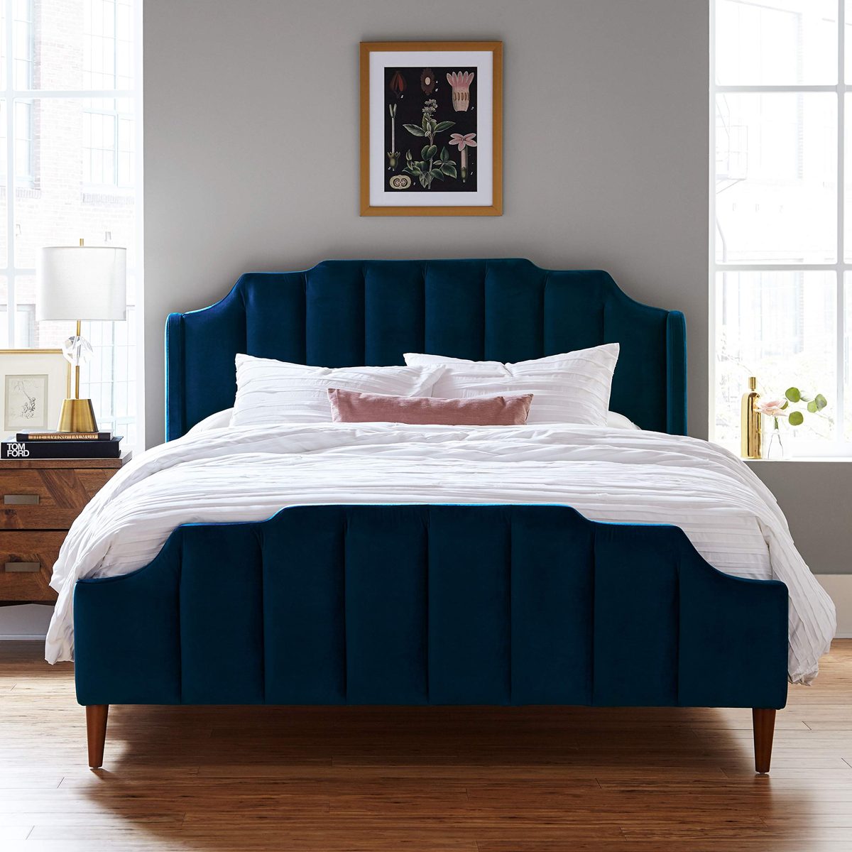 Rivet Gwyneth Mid-Century Velvet Bed Frame with Headboard